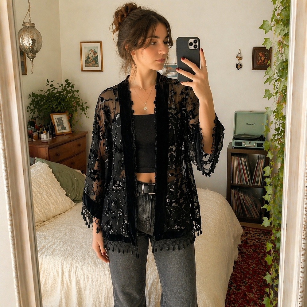 VTG 90s Sheer Burnout Velvet Kimono Floral Beaded Fringe Black M Whimsigoth